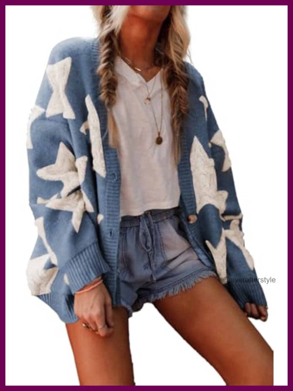 Sherpa Textured Knit Cardigan Open Front Star Loose Fit Warm